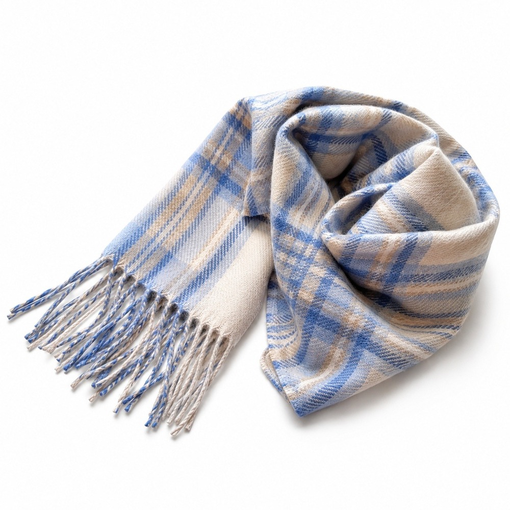 Lochmere Scarf Plaid 100% Cashmere Fringe Soft Luxury Blue Cream Tan One Size
